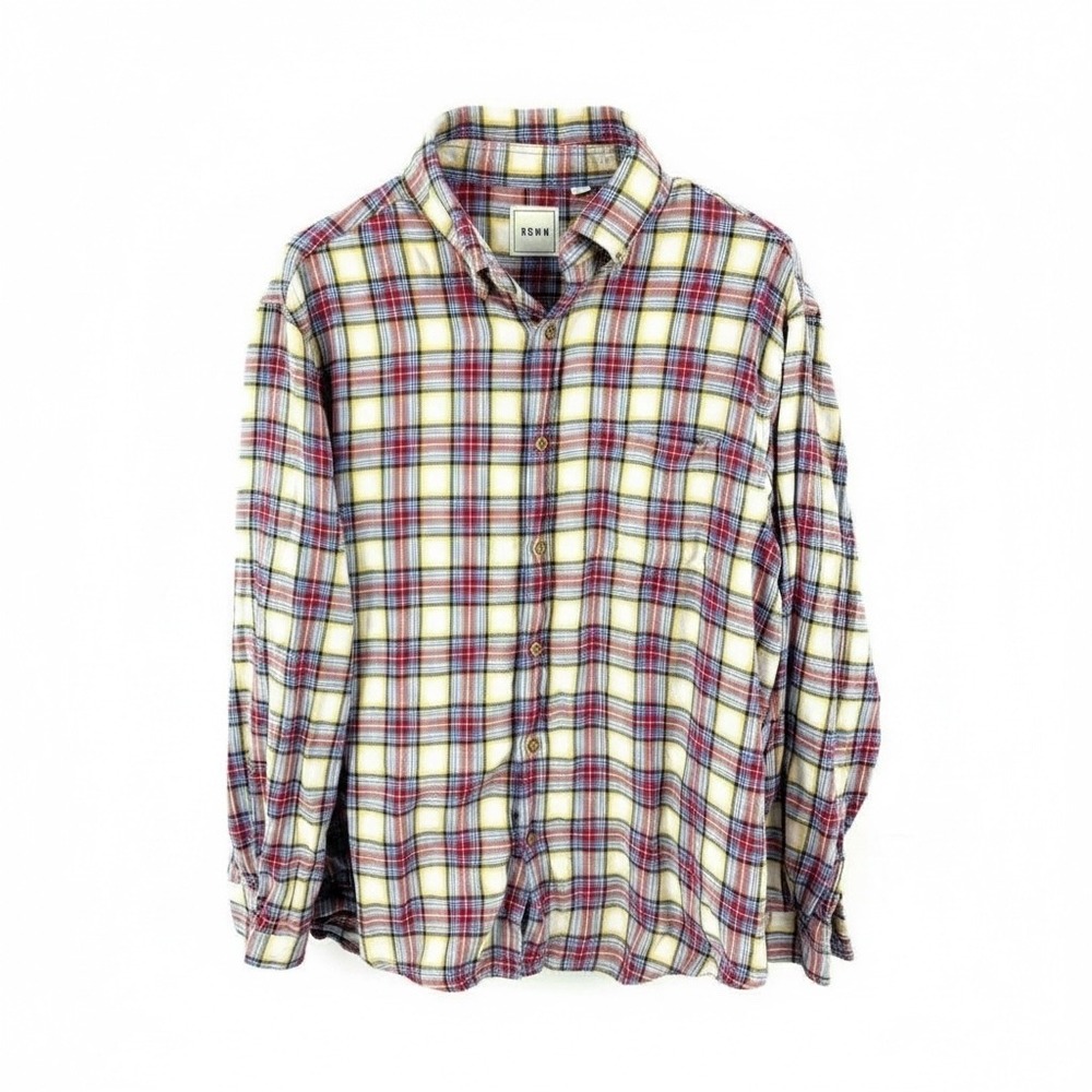 ROWM Mens XL Flannel Shirt Red‎ Blue Yellow Plaid Long Sleeve Button Down